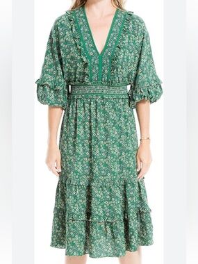 Max Studio Green Floral V-Neck Smocked Waist Tiered Dress